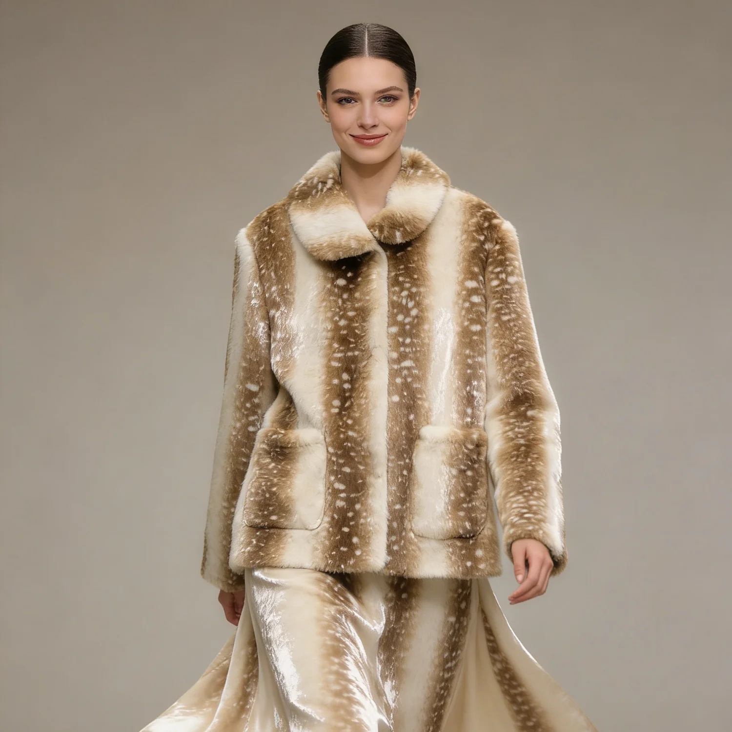 Women Faux Fur Coat Notched Collar Striped Polka Dot Pattern Pocket Fashion Warm Casual Winter Outerwear Brown White Gray Black