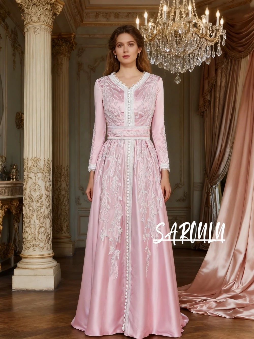 

Pink Satin Kaftan Evening Dress Caftan Prom Customized Elegant Women Beaded Shiny Party Cocktail Gown Plus Size Vestido De Gala