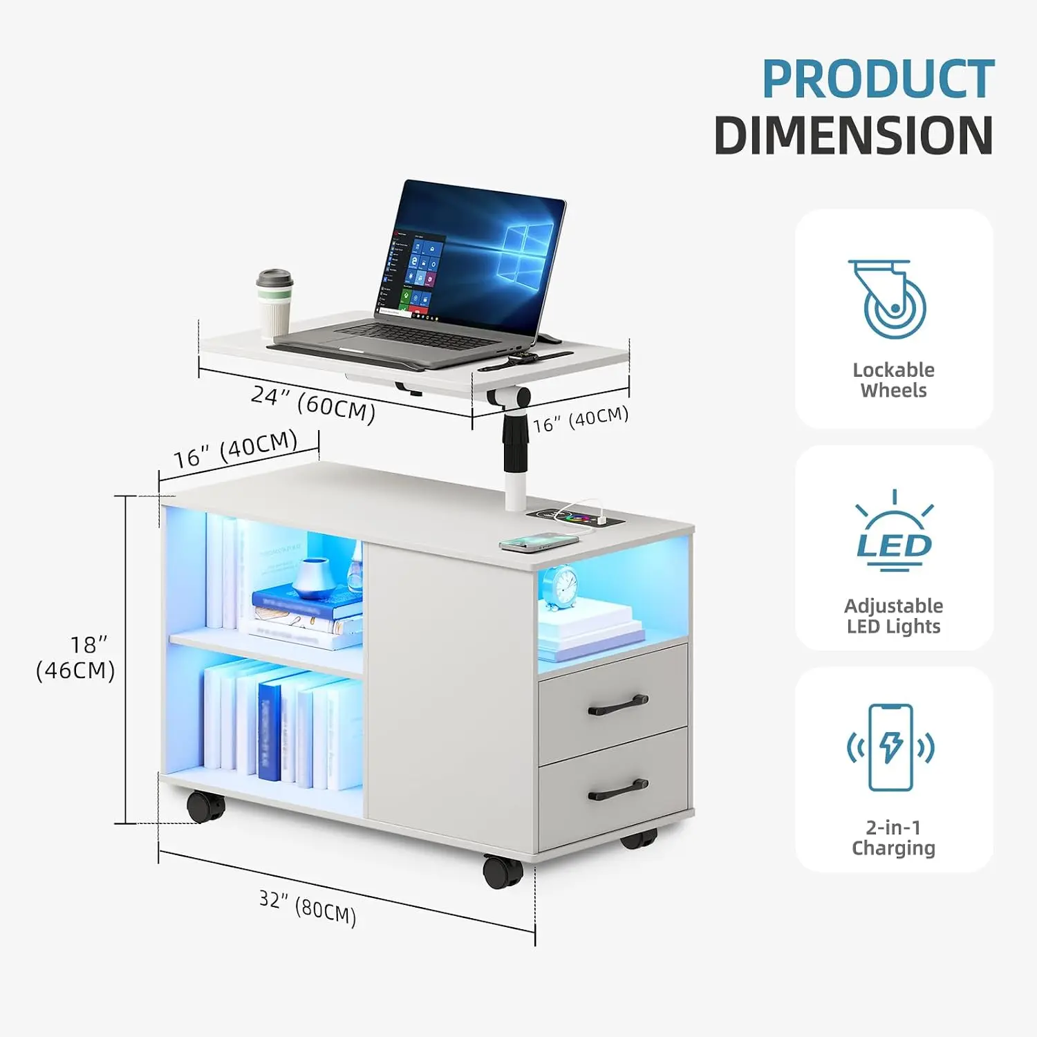 LED Nightstand RGB Lights & Charging Station Lockable Wheels 2 Drawer Adjustable Rotary Bedside End Table, Customized