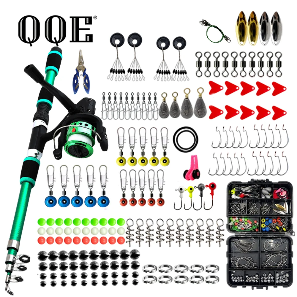 QQE 1.8-Meters New  Fishing Pole Set Full Kits With Telescopic Fishing Rod And Spinning Reel Baits Hooks Travel Pole Set