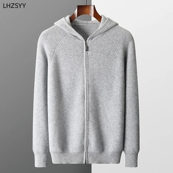 100% saf yün fermuar hırka erkek kapşonlu yaka büyük boy örgü ceket moda gevşek kalınlaşmak ceket sonbahar gençlik kaşmir Hoodie