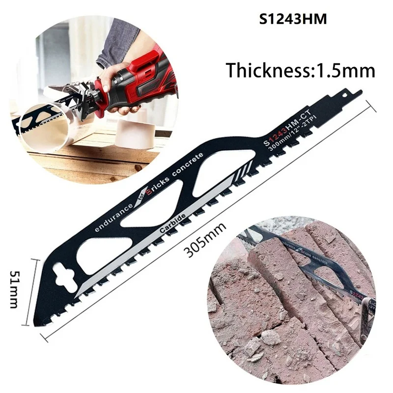 Hoja de sierra recíproca de carburo de tungsteno, sierra de sable de 225/300/455/505mm para cortar hormigón, bloque de cemento, tubería de PVC, madera, 1 ud.