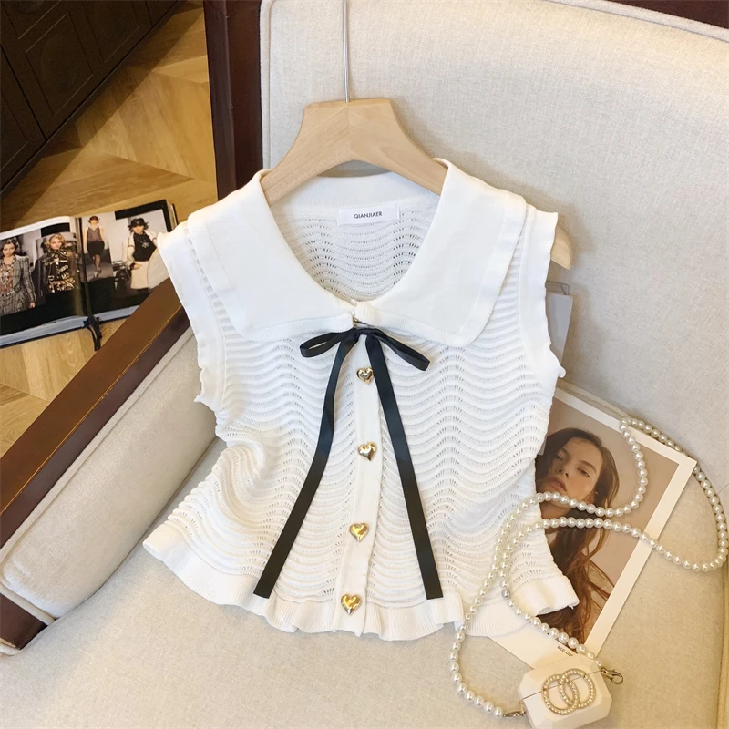 Sexy Korean Sweater Vests Women Summer Stylish Fashion Chic Ladies Tops Tees Sleeveless Single-breasted Bow Ruffles Knitwear