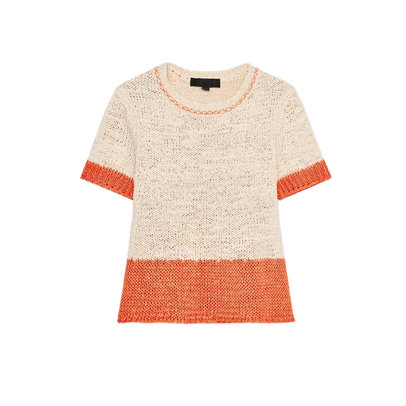 เสื้อยืดผู้หญิงสไตล์เรโทรสีตัดกันตกแต่งลายฉลุ ทรงตรง แขนสั้น ผ้าถักไหมพรมผสมโพลีเอสเตอร์ สำหรับฤดูร้อน