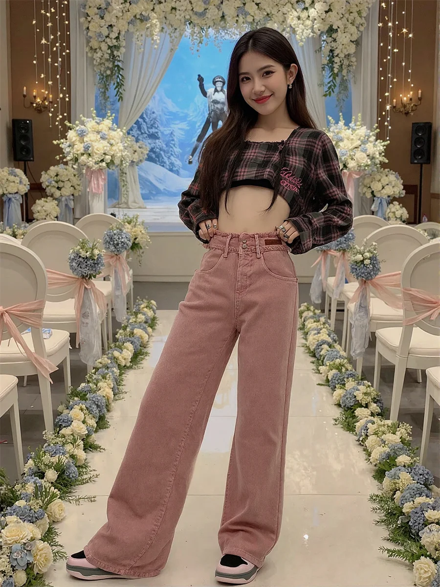 

Широкие джинсы с высокой талией, джинсовые брюки, женская одежда, весенняя изношенная, с длинными ногами, в японском стиле, для путешествий, отдыха, стираная рваная одежда