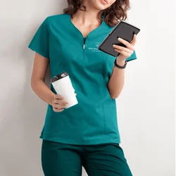 Beautician Solid Uniform Short Sleeve V-Neck Pocket T-Shirt Tops Care Worker Summer Workwear Tops Nurse Uniform Clinic Blouse