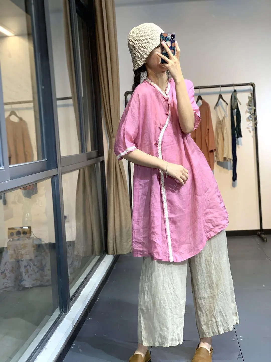 Dames zomershirt met opstaande kraag, dames nieuw halflang retro theepak met schuine sluiting