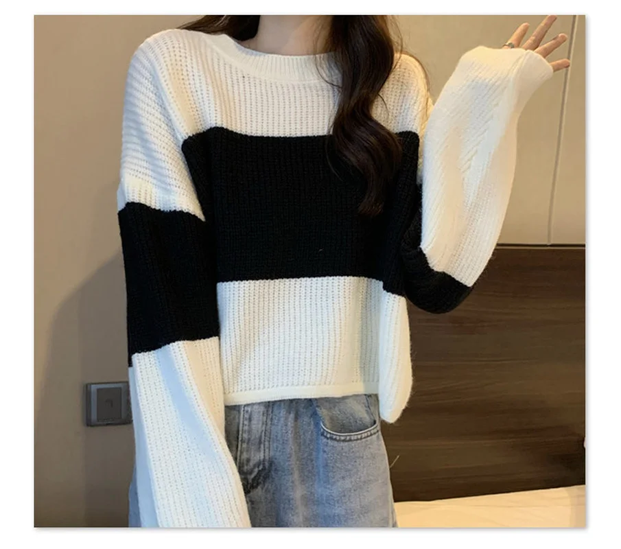 Sen series New Lazy Retro Style Short Sweater Women's Loose Korean Version Autumn and Winter Retro Striped Bf Knit Sweater Top