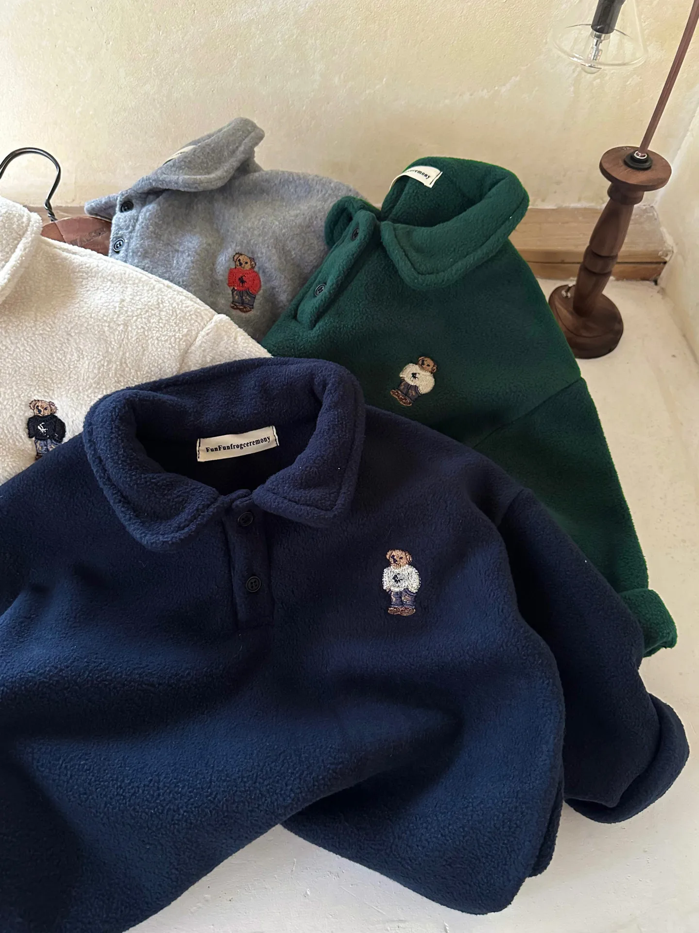 New Autumn Winter Children Polo Shirt Girl Baby Cartoon Bear Fleece Warm Sweatshirt Boy Retro Kid Lapel Plus Velvet Thick Tops