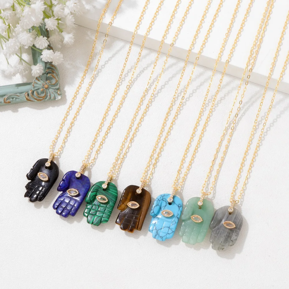 1pc Fashion Hand Shape Nature Stone Pendant Necklace With Zircon Lucky Eyes Jewelry Necklace for Women Men