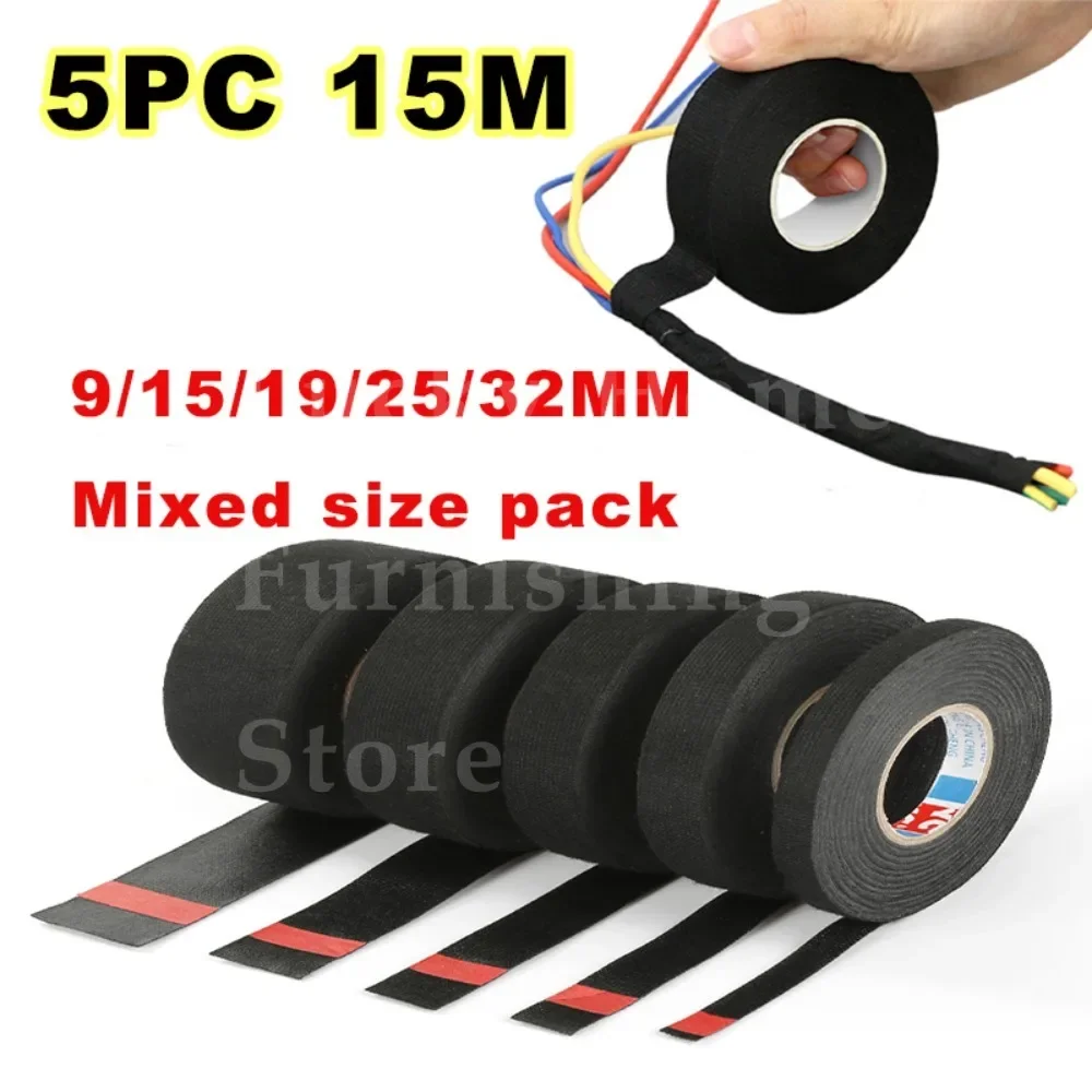 9/15/19/25/32MM Electrical Insulating Heat Tape 5PCS Packaging Heat-resistant Adhesive Cloth Fabric Tape for Automotive Cable