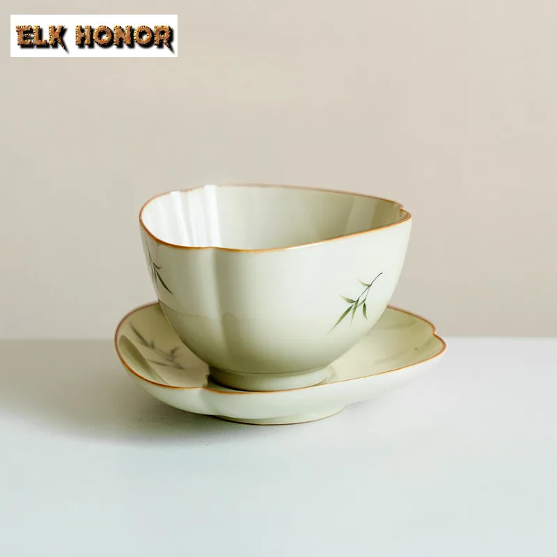 100ml Pure Hand-painted Green Bamboo Teacup Zen Tea Bowl With Coaster Tea-tasting Meditation Cup Chazhan Master Cups Tableware