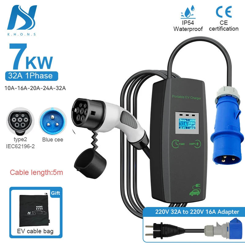 Khons Portable Electric Car Charger 11kw 7kw Charger Type2 Charger Cable 16A 32A EV Charger Three Phase EVSE Charging Box