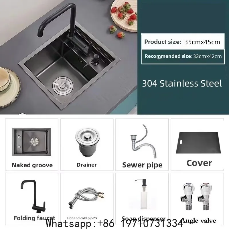 

Kitchen 304 Stainless Steel Hidden Small Single Slot Sink, Island Bar with Cover, Invisible Folding Faucet Sink