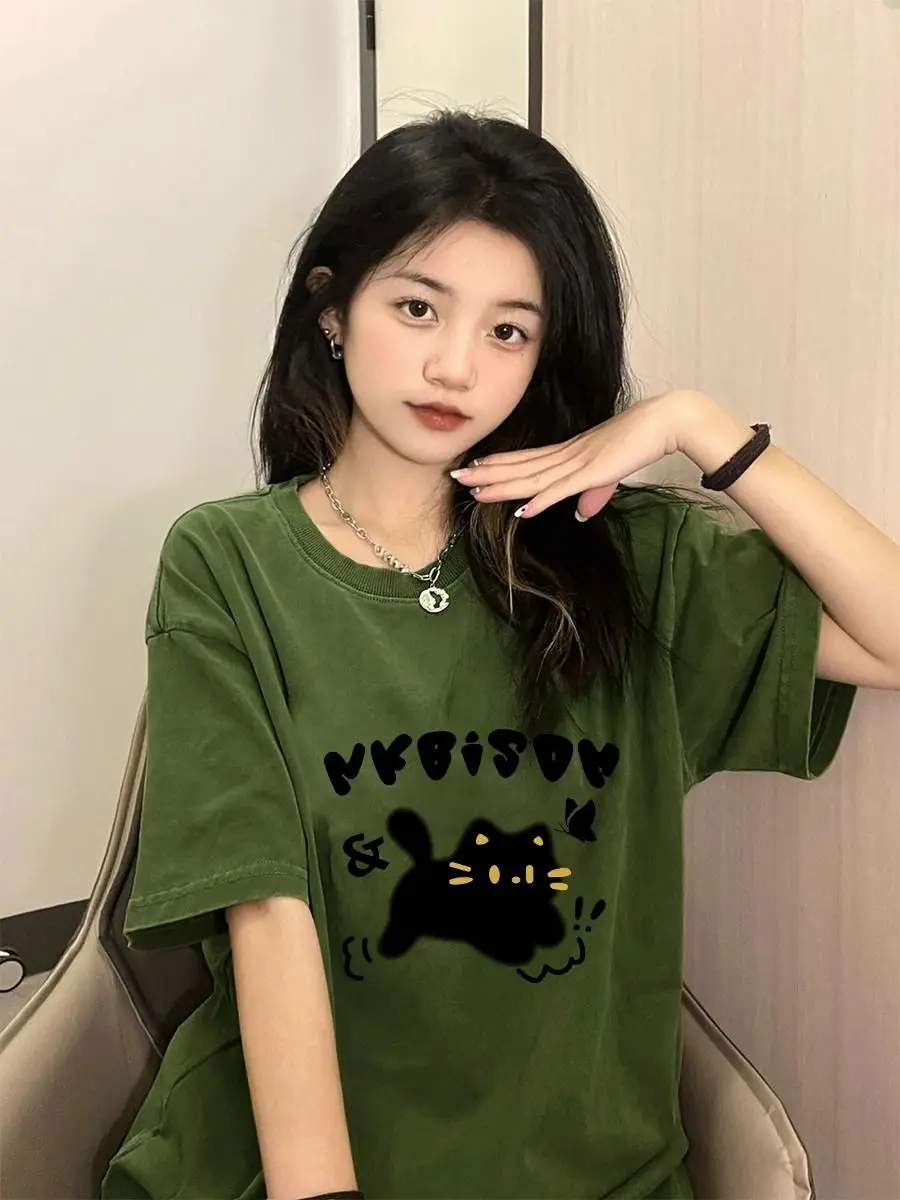 Pure cotton army green Korean version retro cartoon cat short sleeved T-shirt for women summer chic loose casual top T-shirt y2k