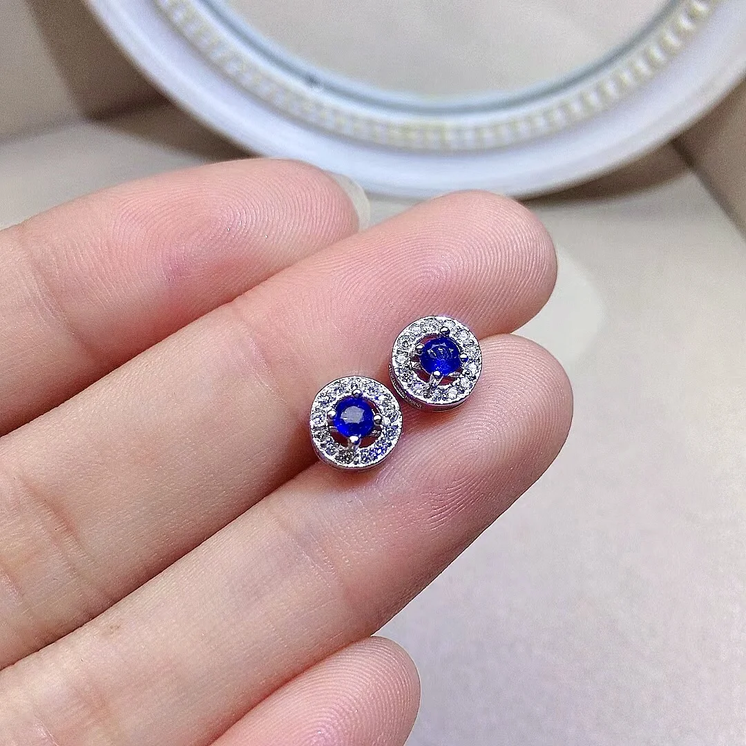 Small Sapphire Silver Earrings for School Girl 3mm 0.1ct 100% Natural Sapphire Stud Earrings Real 925 Silver Sapphire Jewelry