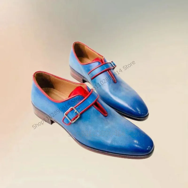 

Blue Gradient Color Buckle Decor Square Toe Loafers Fashion Slip On Men Shoes Luxury Handmade Party Feast Office Men Dress Shoes