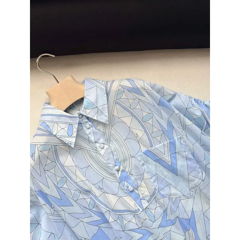 2026 Women Turn-down Collar Light Blue Geometric Pattern Pleated Sleeve Cotton Short Dress
