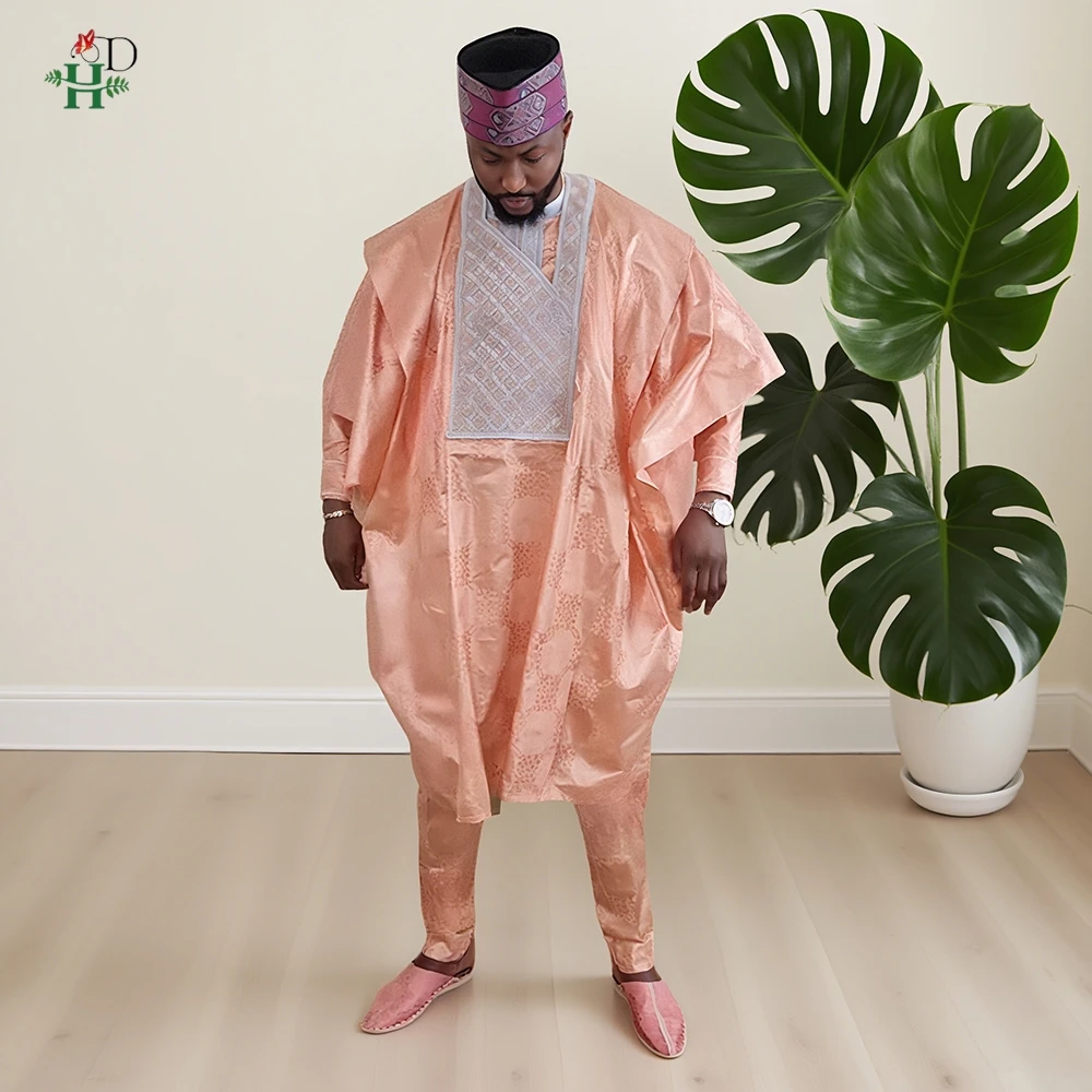 

African Clothing For Men Traditional Bazin Riche Embroidery Design Top Pant Long Sleeve Pink 3 Piece Set Muslim Abaya Thobe 2025