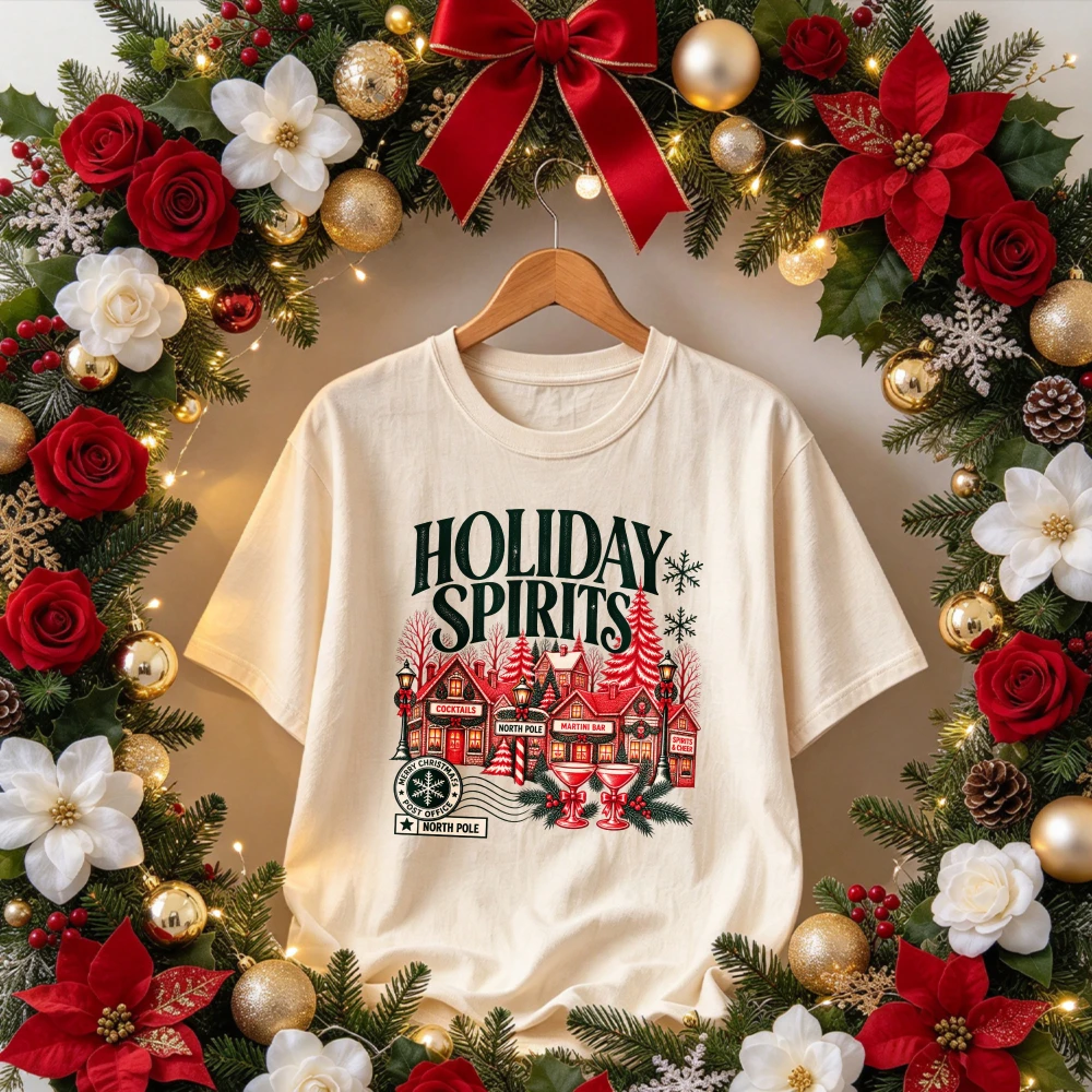 Holiday Spirits Christmas Graphic T Shirt Vintage Xmas Town Houses Wine Glass Snowflake Print Crew Neck Short Sleeve Holiday Tee