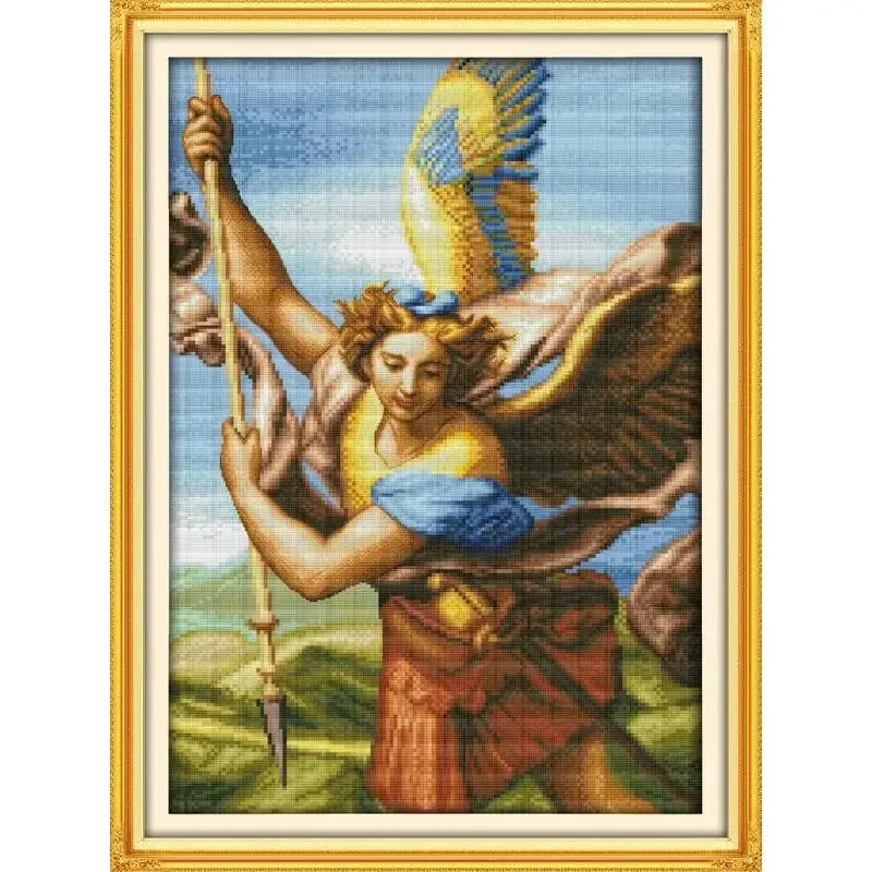 Joy Sunday News Printed Cross Stitch Kit ,  Easy Pattern with Aida and DMC Threads,  Stamped Fabric Embroidery Set-Battle Angel