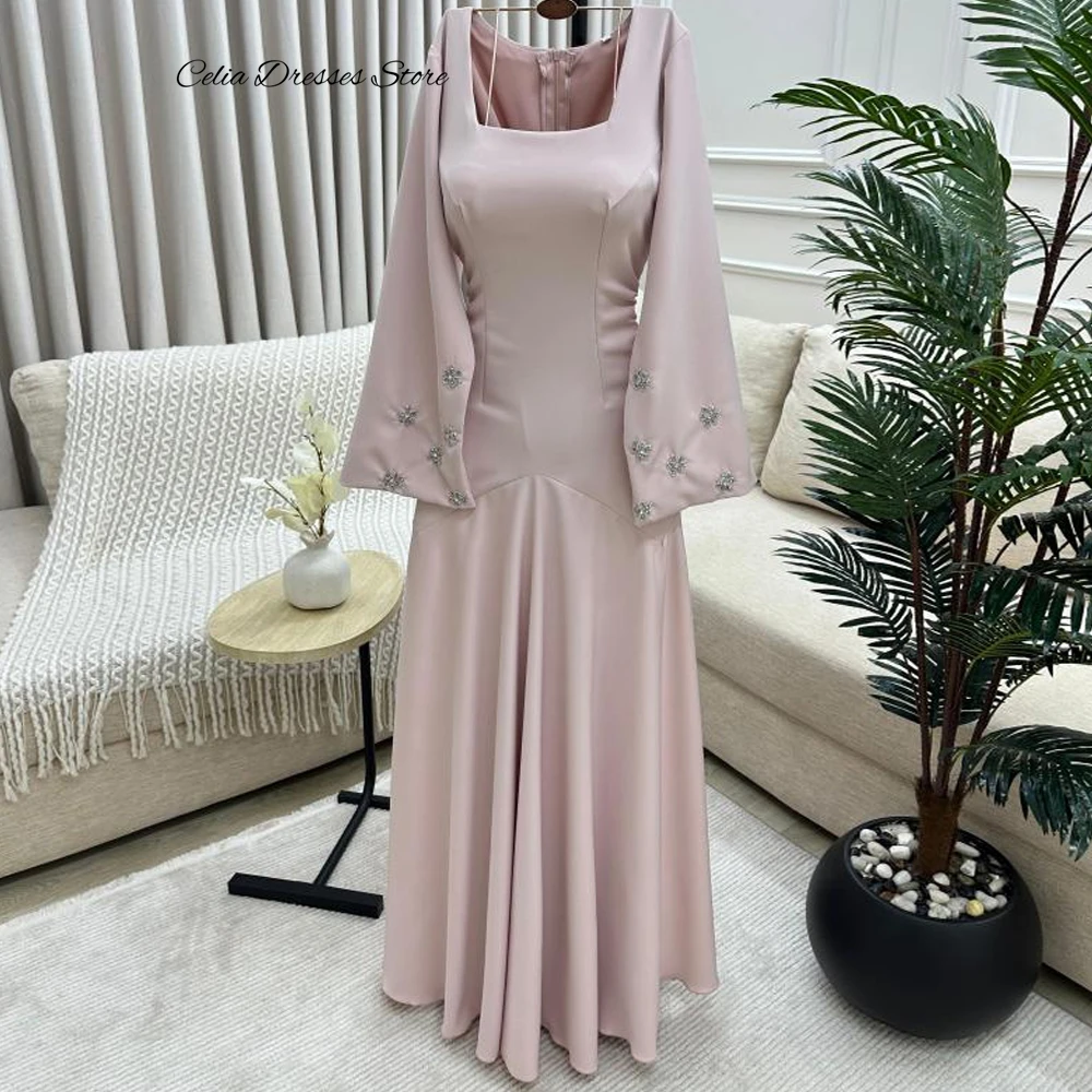 Elegant Pink A-Line Jersey Evening Dress Simple Square Neck Long Sleeves Customized Homecoming Dresses Crystal Celebrity Gowns