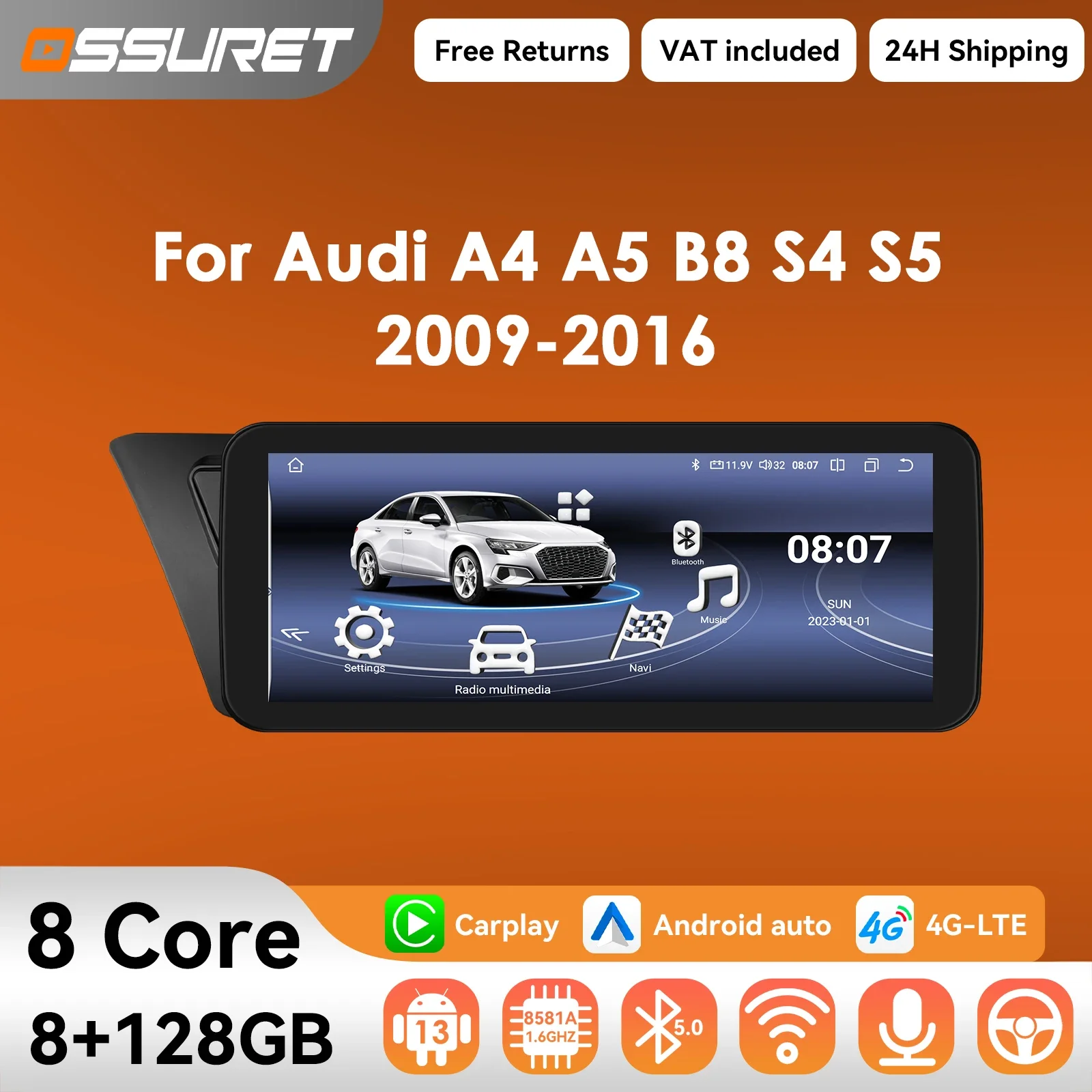 10.25 "Android 13 Autoradio Carplay pour Audi A4 A5 B8 S4 S5 2009-2016 lecteur vidéo multimédia autoradio GPS stéréo 2DIN unité principale