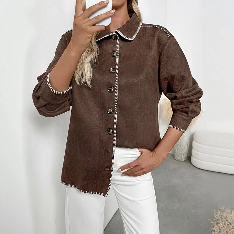 

2025 New Autumn and Winter Casual Retro Trim Color Blocked Lapel Loose Shirt Jacket for Women