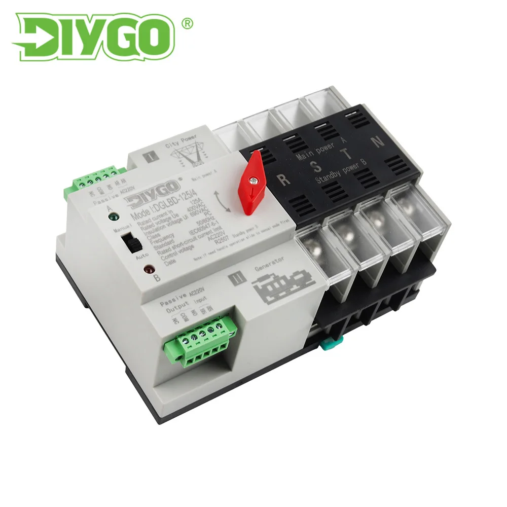 DIYGO 2P/4P Mini Din Rail ATS 110V 220V PC Dual Power Automatic Transfer Switch 125A Household Power Transfer Switch 50/60Hz