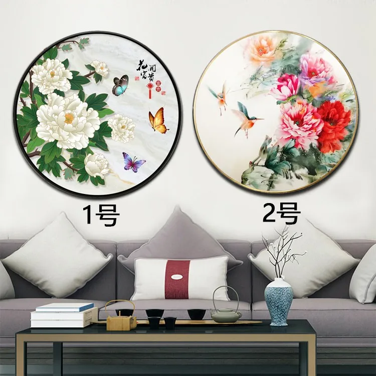 

Handmade cross stitch finished product with blooming flowers, rich and noble peonies, winged birds, living room, foyer, circular