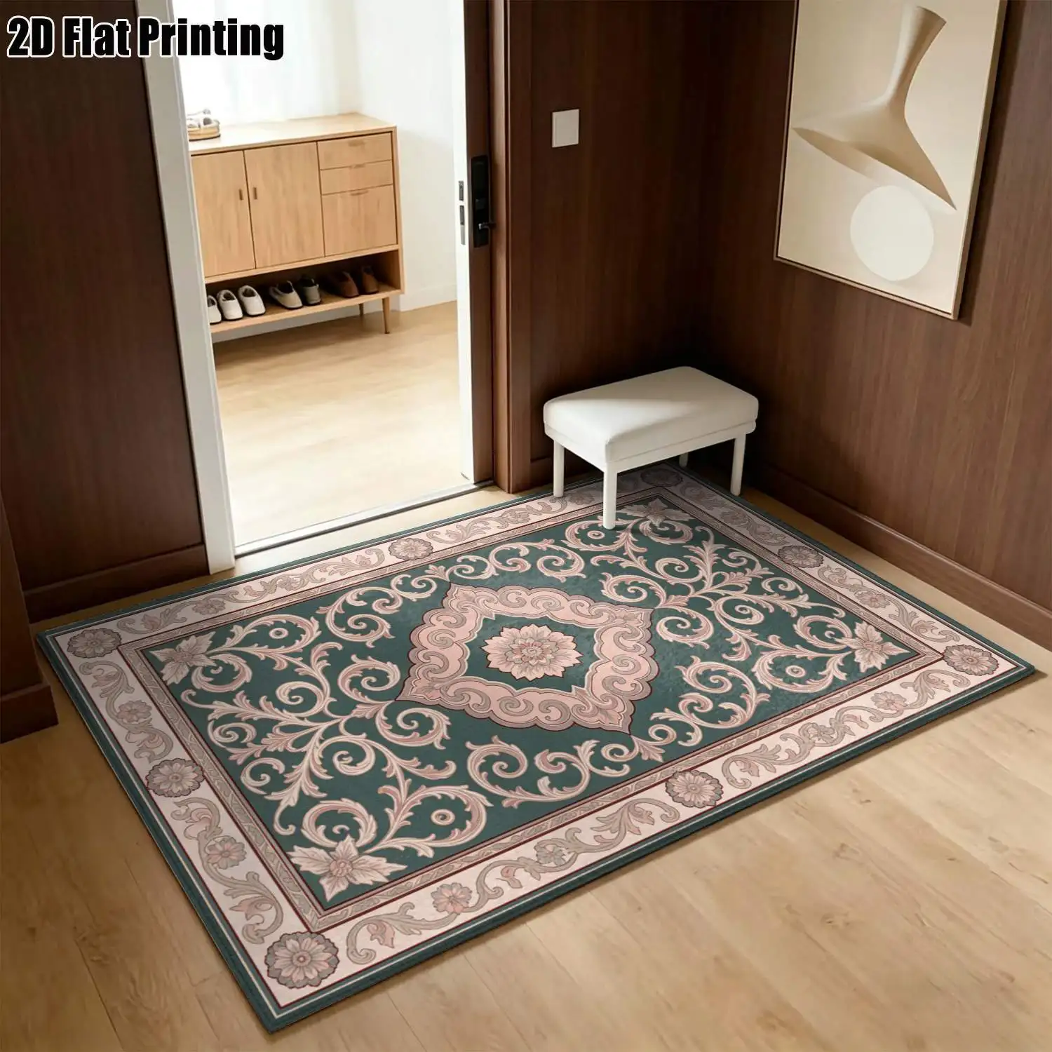 1Pc 2D Printed Carpet: Retro Green Base, Pink Floral Symmetrical Pattern European-Style Home Decor Rug, Machine Washable, Multi-Size for Living Room, Bedroom, Dining Room, Entryway, Study.