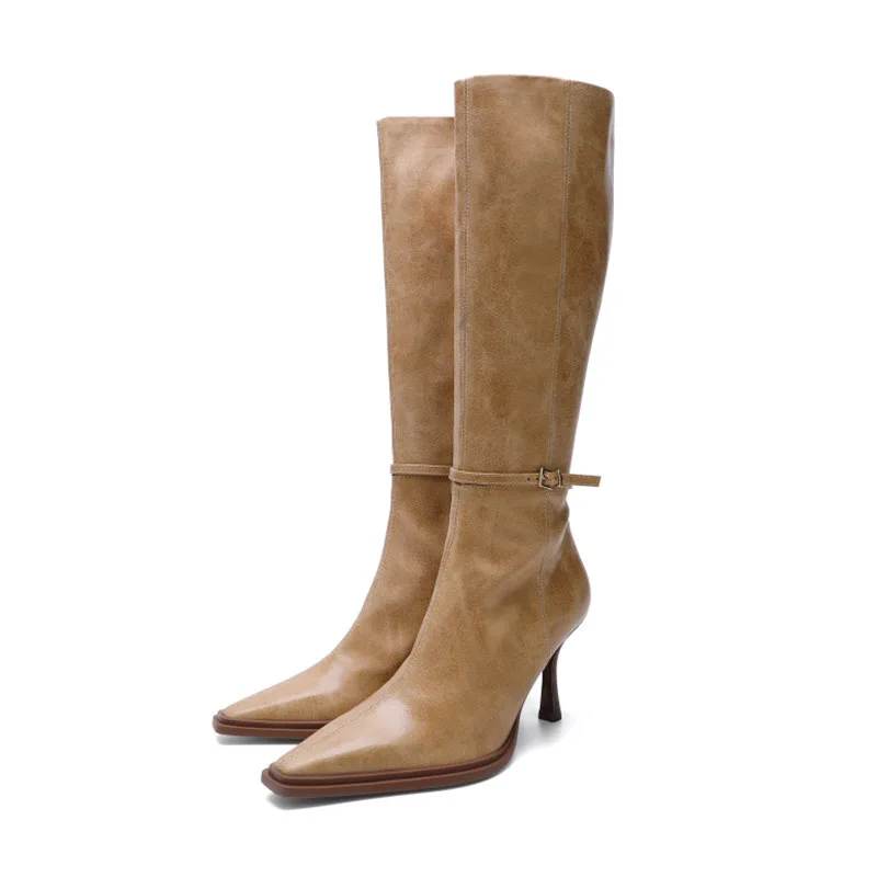 

Осенне-зимние новые женские коричневые сапоги на высоком каблуке, высокие рыцарские сапоги в стиле ретро, женские сапоги до колена на тонком каблуке