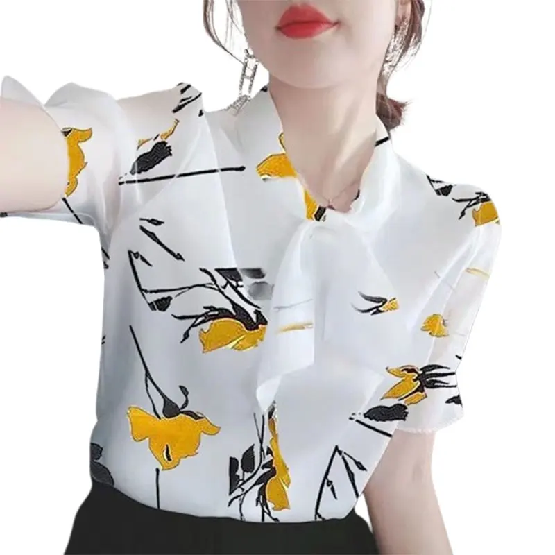 Elegant Fashion Harajuku Slim Fit Female Clothes Loose Casual All Match Tops Women Printed Thin Style Short Sleeve Women Blouse