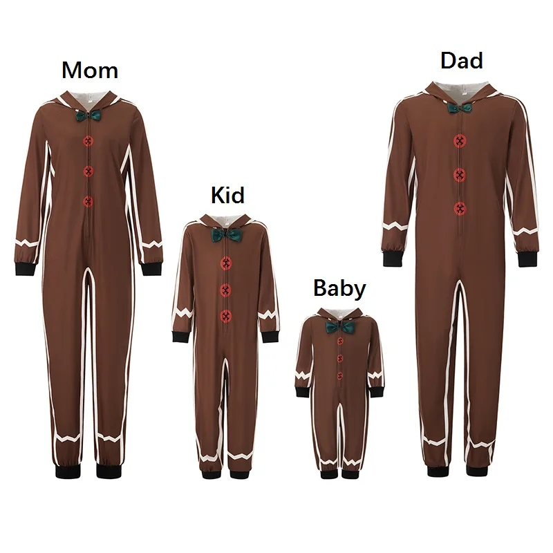 Family Matching Gingerbread Man Pajamas Set Fall Winter Long Sleeve Hooded Jumpsuit for Parents Kid Sleepwear Loungewear