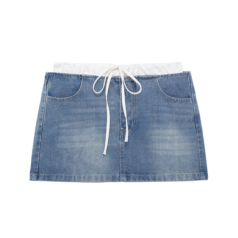 

Skirts Vintage High Waist Female Chic Lady Short Skirt Women Fashion Denim Blue Patchwork Front Zipper Mini