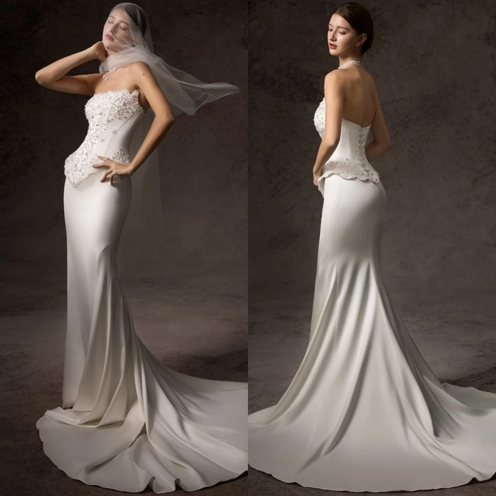 

Customized Sexy Satin Mermaid Beading Evening Dress Simple Court Train Prom Dresses Sparkly Strapless Special Occasion Gowns