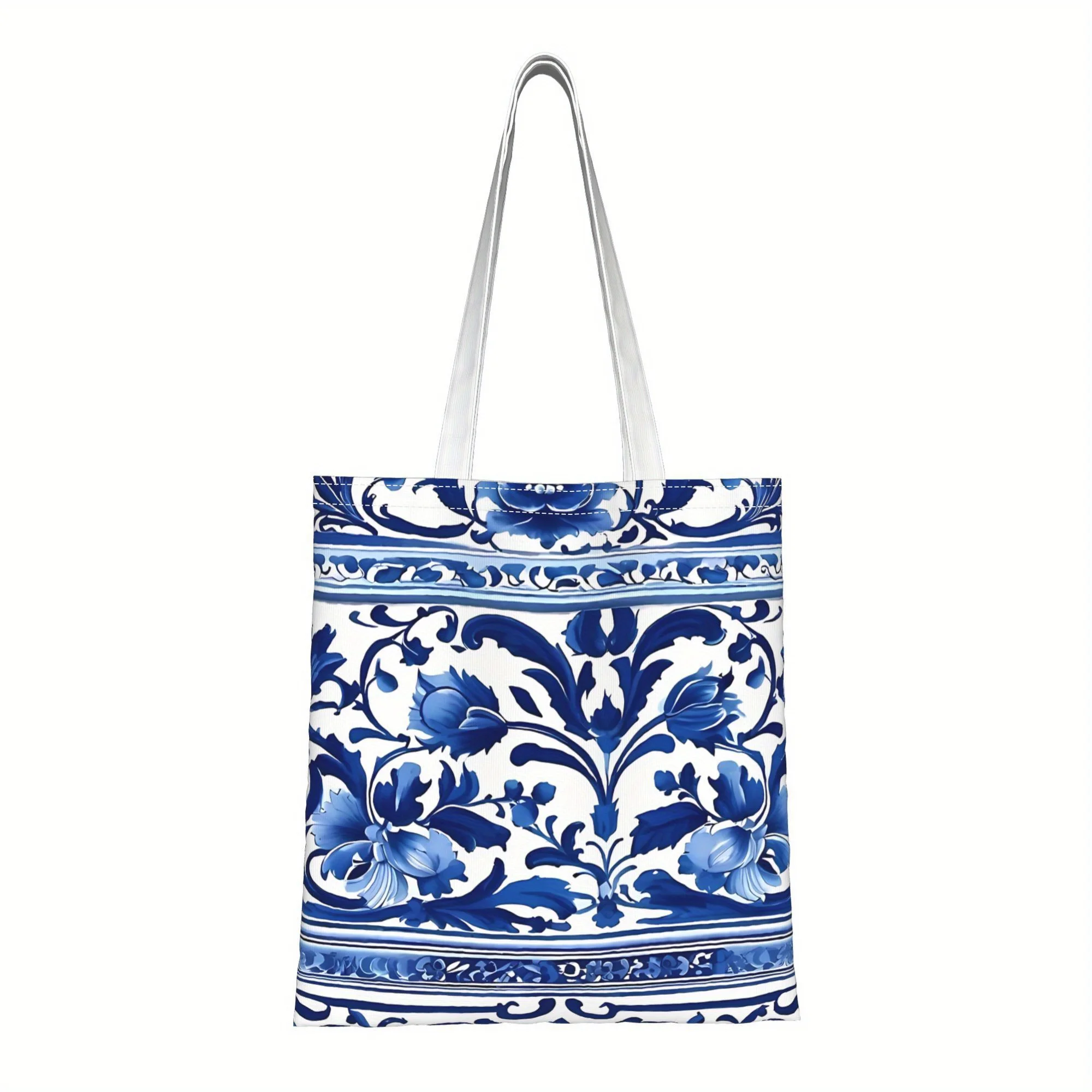 A Blue Chinese style pattern printed canvas tote bag, suitab