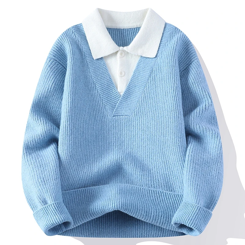 

Мужской вязаный свитер с эффектом двухслойности, зимний, модный, повседневный, свободного кроя, с длинными рукавами, утолщенный, из смесового полиэстера