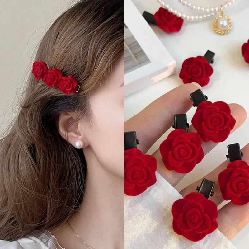 Red Flower Hairpins Girls Elegant Hair Clip Barrettes Velvet Rose Small Hair Clips Women Girl Sweet Cute Wedding Accessories New