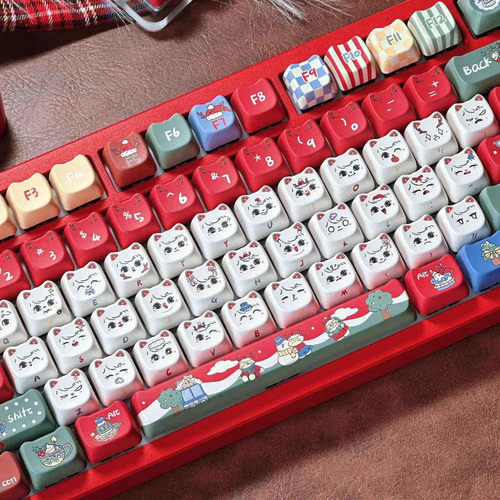 Meow Christmas Theme Keycap MAO Profile 142 Keys Cute Cat Head PBT Sublimation KeyCap Winter Letters Mechanical Keyboard Keycaps
