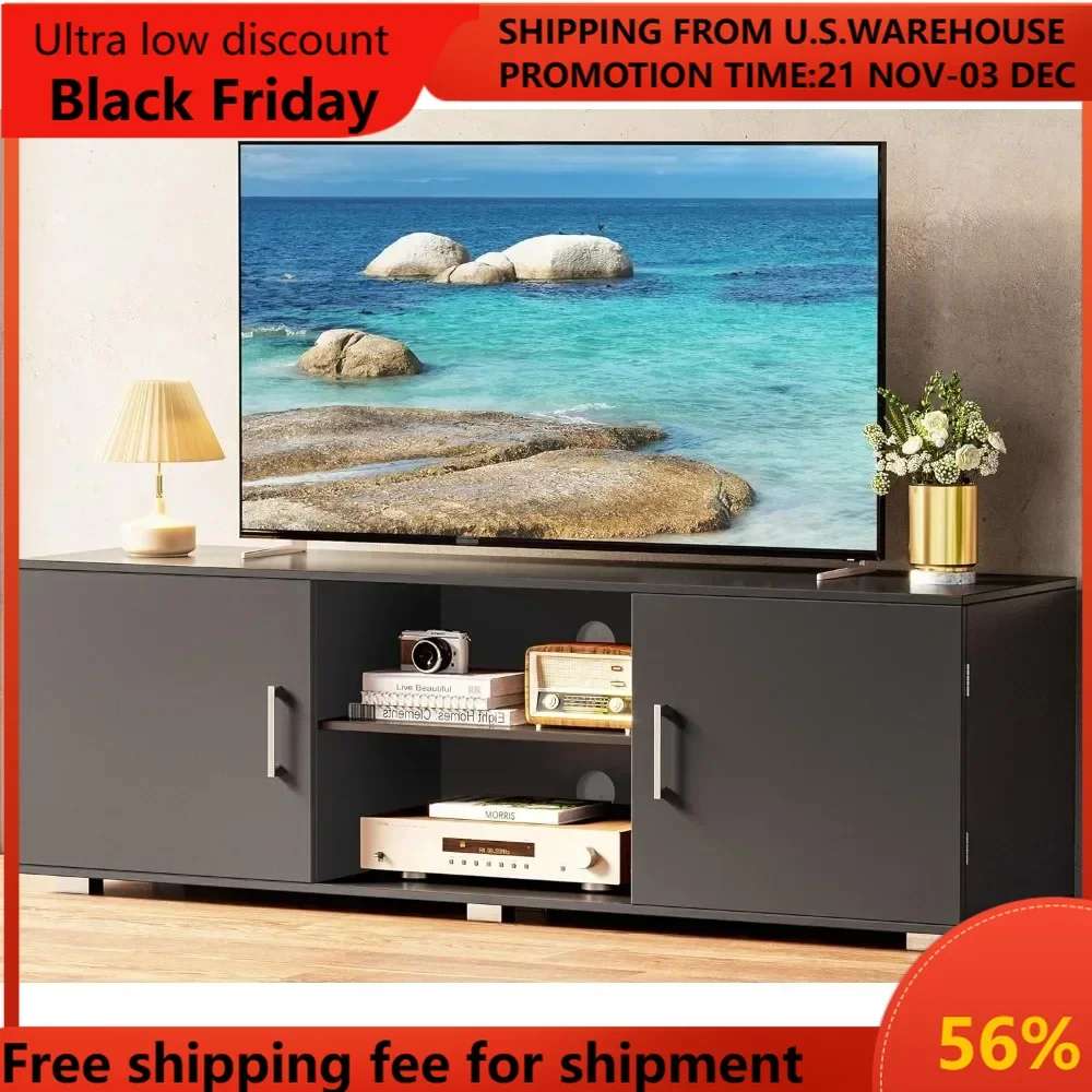 

TV Stand for 55 Inch TV, Entertainment Center with Storage,2 Cabinets,TV Console Media Cabinet with 6 Cable Holes,Black TV Stand