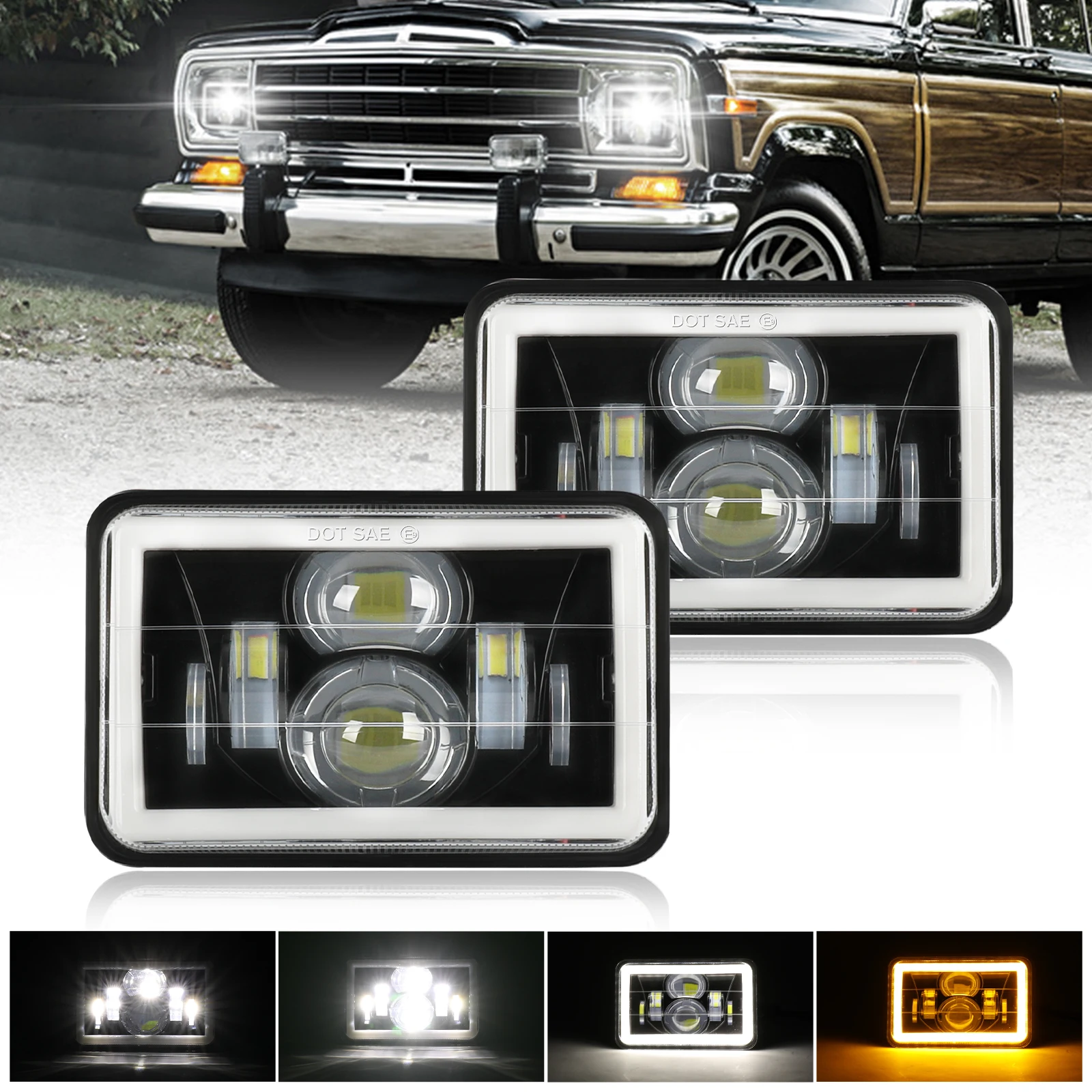 HL 2PCS 4x6 LED Headlight High Low Beam Headlamp DOT off-road Replacement LED Light for Wagoneer Chevy Ford Truck Van SUV