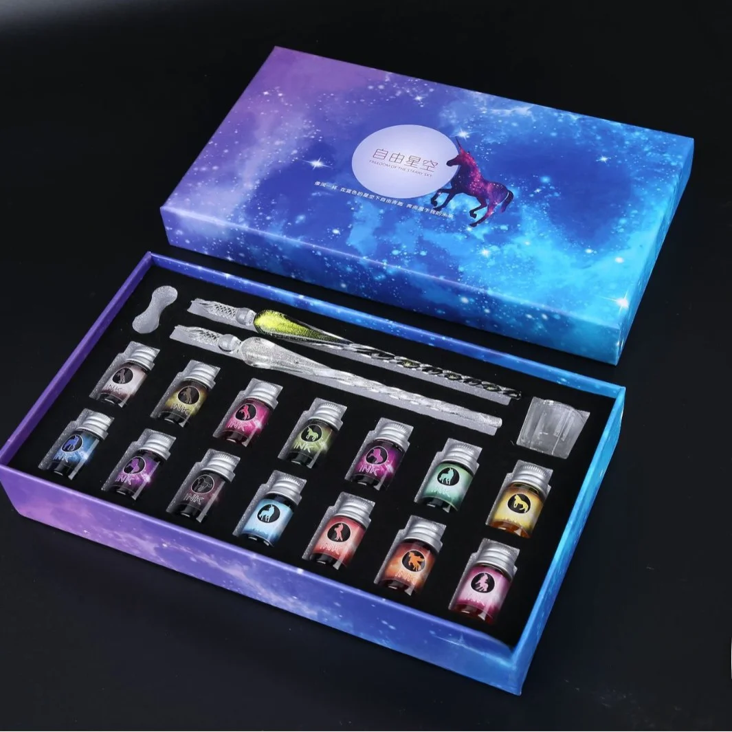 قلم السماء المرصعة بالنجوم الملون، قلم زجاجي، قلم غمس، أدوات مكتبية، هدية إبداعية، قلم توقيع، هدية