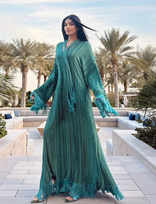 Vestido largo holgado con borlas elegante para mujer, con bufanda, cuello en V, manga larga, vestidos de fiesta para vacaciones, batas verdes de verano 2025 para mujer