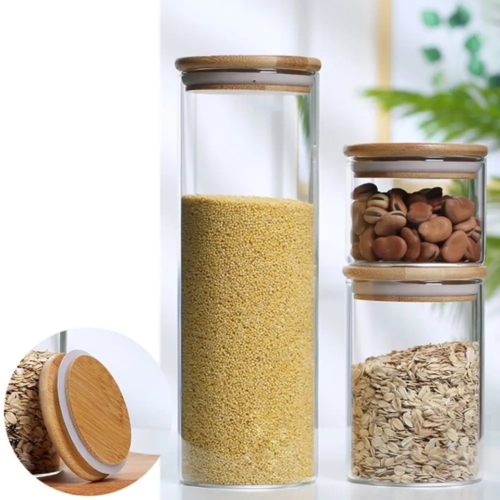 Glass Sealed Jar with Bamboo Lid Spice Jar Kitchen Grain Storage Pots Tea Coffee Candy Jar Transparent Split Bottle Storage Tank