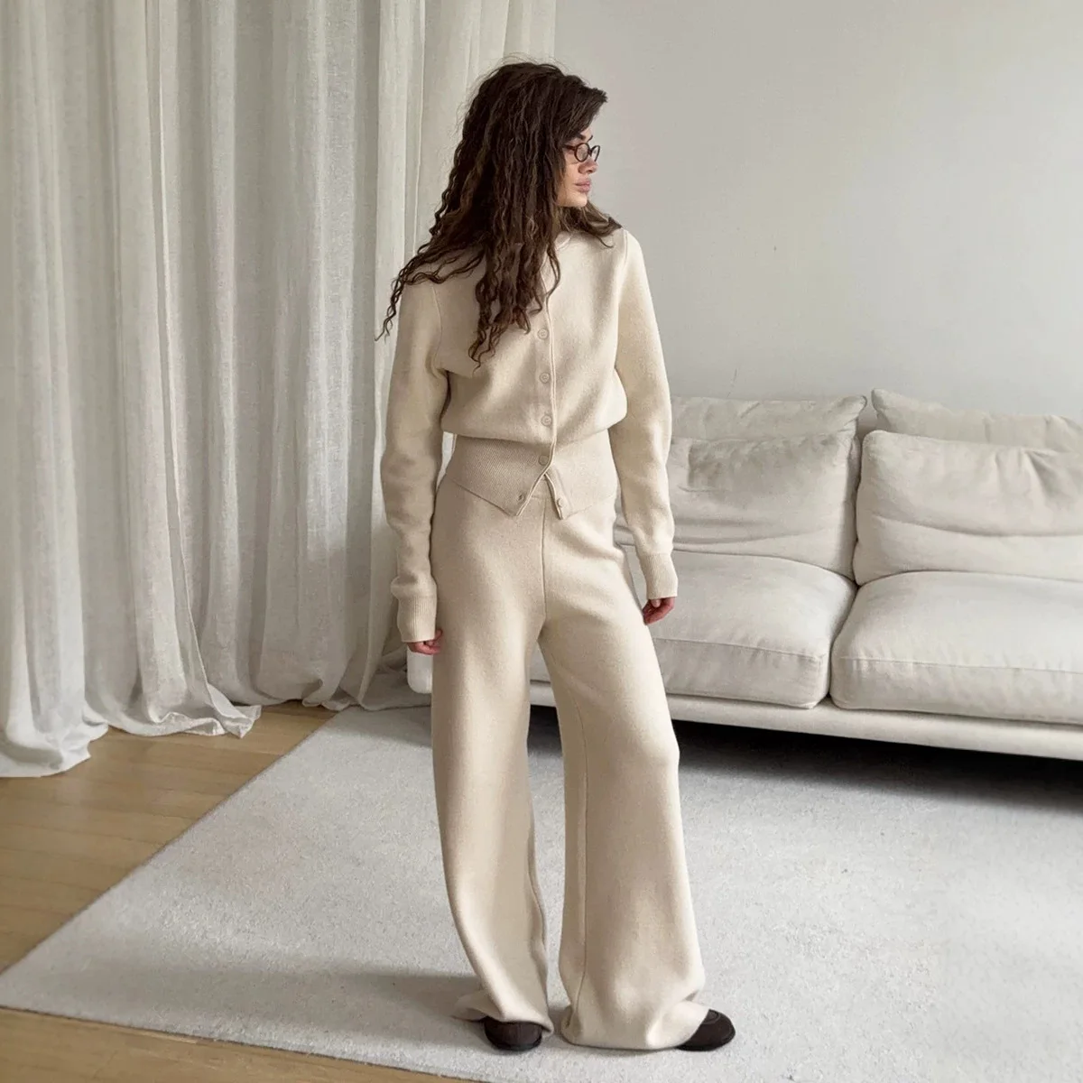 Women Button Cardigan Knit Set Fall Winter Slim Fit Straight Leg Pants Two Piece
