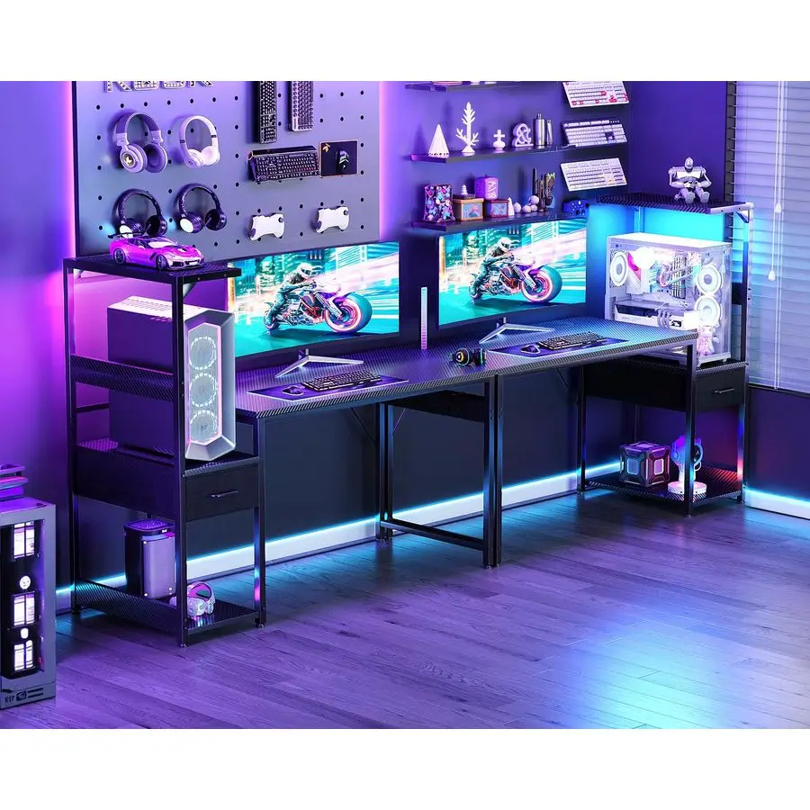 Mesa de Jogos de 48 Polegadas com Armazenamento e Luzes LED, Mesa de Computador Reversível com Prateleiras e Gaveta de Tecido, Gamer Moderno