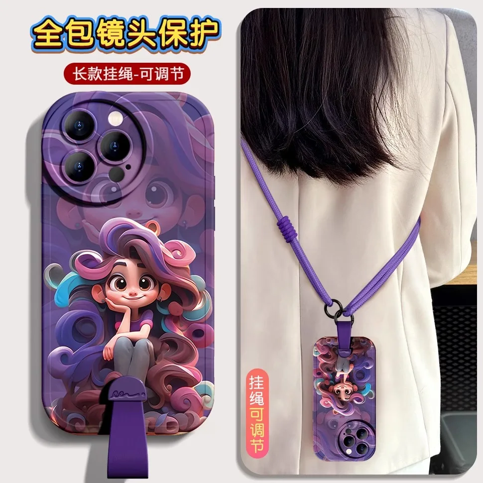 Deluxe Wrist Lanyard For iphone 15 14 13 12 11 Pro Max X XR Xs Silicone Cell Phone Protective Cover Round Curly-haired Girl