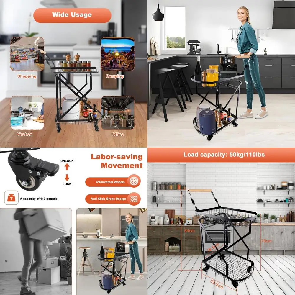 Carro utilitario plegable de 2 niveles con ruedas, capacidad de 110 libras, carro versátil para compras de comestibles, camping, hogar y uso en la oficina