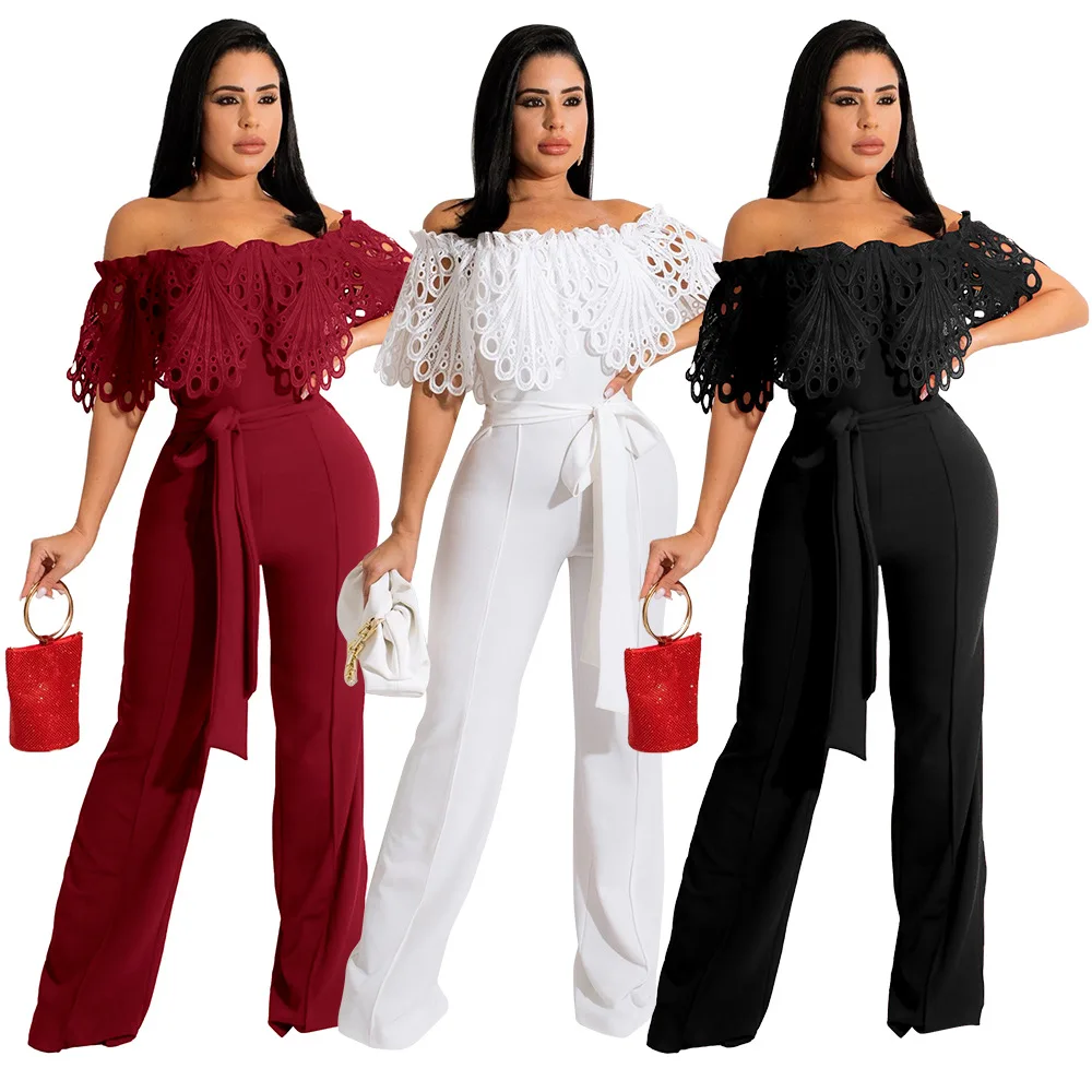 

EINYOO Zevity Women's Evening Party Sexy Ruffle Hollow Out Elegant Dresses Ladies Off Shoulder Bodycon Belt Jumpsuit Traf Y2K